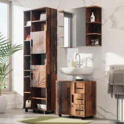 Badschrank Ilias Eiche rustikal 60 x 190 cm mit Türen, und offenen Fächern Vicco