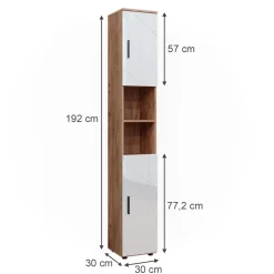 Badschrank Irma Weiß Hochglanz/Goldkraft Eiche 30 x 192 cm mit Türen, und offenen Fächern Vicco