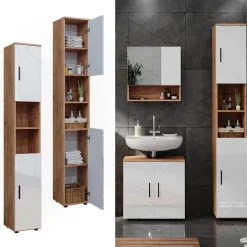 Badschrank Irma Weiß Hochglanz/Goldkraft Eiche 30 x 192 cm mit Türen, und offenen Fächern Vicco