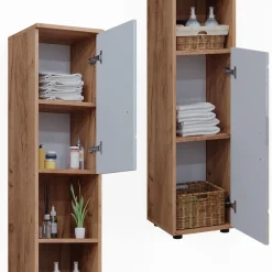 Badschrank Irma Weiß Hochglanz/Goldkraft Eiche 30 x 192 cm mit Türen, und offenen Fächern Vicco