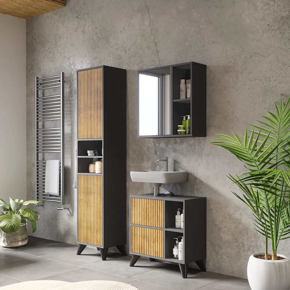 Badschrank Leano Anthrazit/Bergeiche 38 x 180 cm mit 2 Türen Vicco