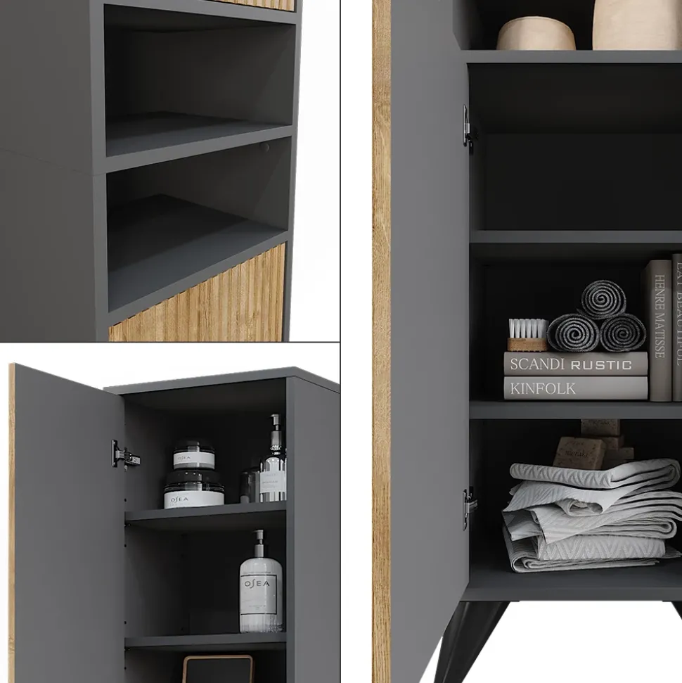 Badschrank Leano Anthrazit/Bergeiche 38 x 180 cm mit 2 Türen Vicco