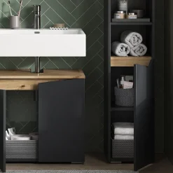 Badschrank Marelle Anthrazit/Artisan 30 x 180 cm mit Türen, und offenen Fächern Vicco