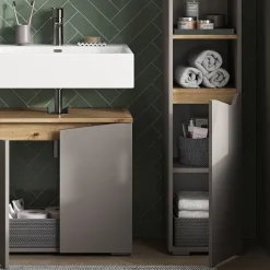 Badschrank Marelle Greige/Artisan 30 x 180 cm mit Türen, und offenen Fächern Vicco