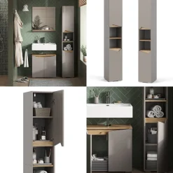 Badschrank Marelle Greige/Artisan 30 x 180 cm mit Türen, und offenen Fächern Vicco