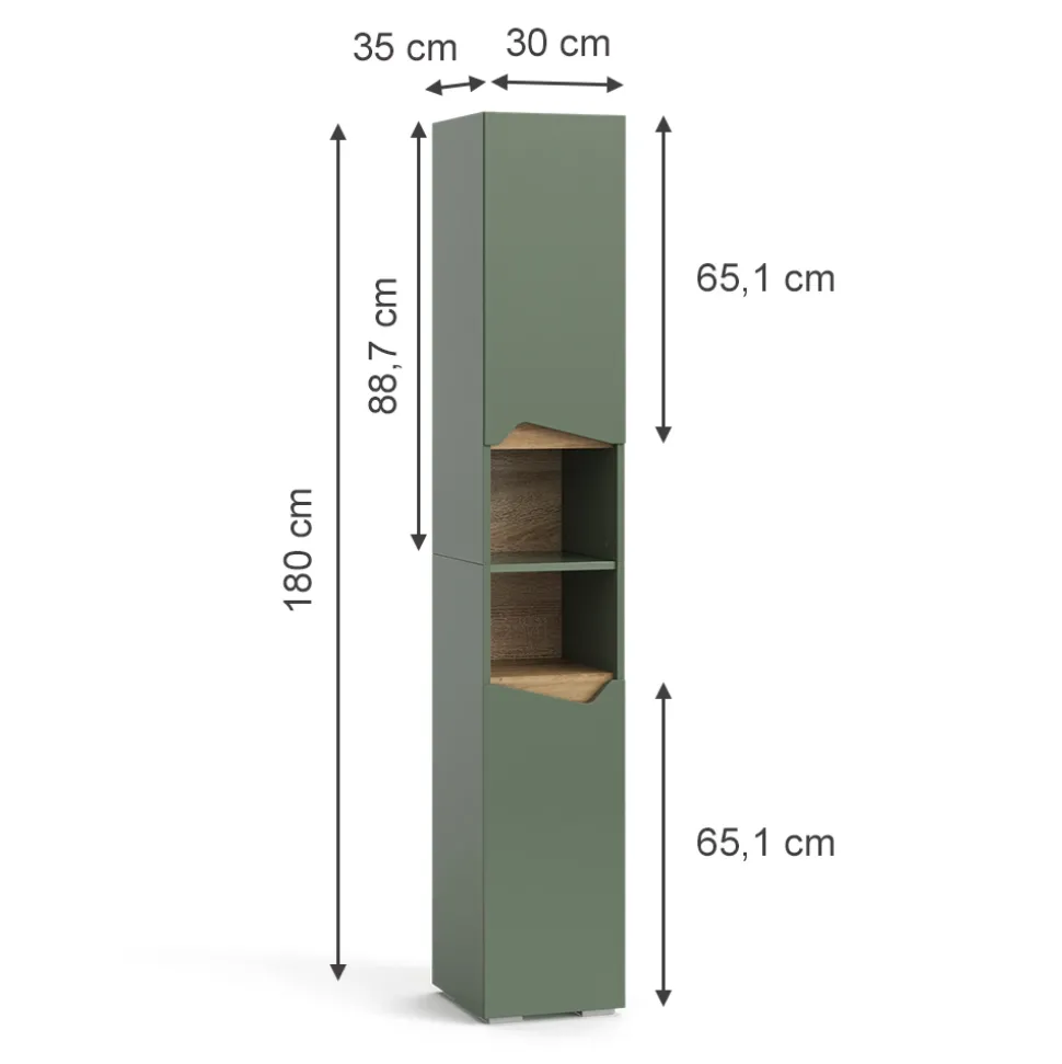 Badschrank Marelle Grün/Artisan 30 x 180 cm mit Türen und offenen Fächern Vicco