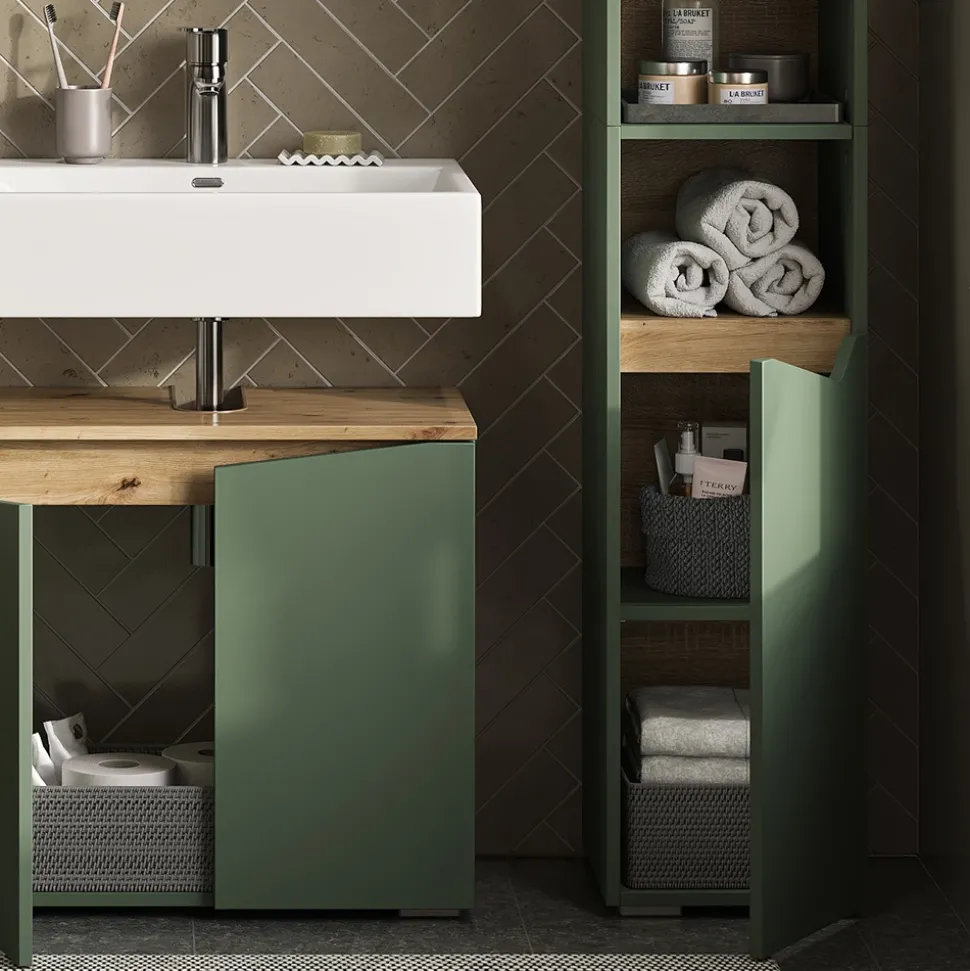 Badschrank Marelle Grün/Artisan 30 x 180 cm mit Türen und offenen Fächern Vicco