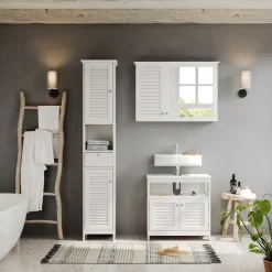 Badschrank Riad Weiß 32 x 170 cm mit Türen, Schublade und offenem Fach Vicco