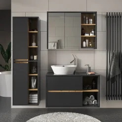 Badschrank Viola Anthrazit 50 x 170 cm mit Türen, und offenen Fächern Vicco