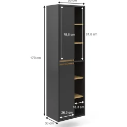 Badschrank Viola Anthrazit 50 x 170 cm mit Türen, und offenen Fächern Vicco