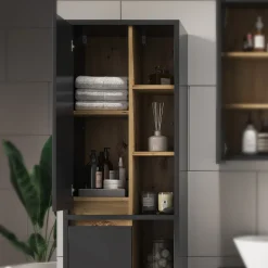 Badschrank Viola Anthrazit 50 x 170 cm mit Türen, und offenen Fächern Vicco