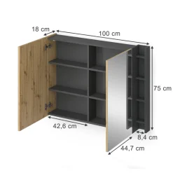 Badspiegelschrank Edelin Anthrazit/Artisan 100 x 75 cm mit Regalen Vicco