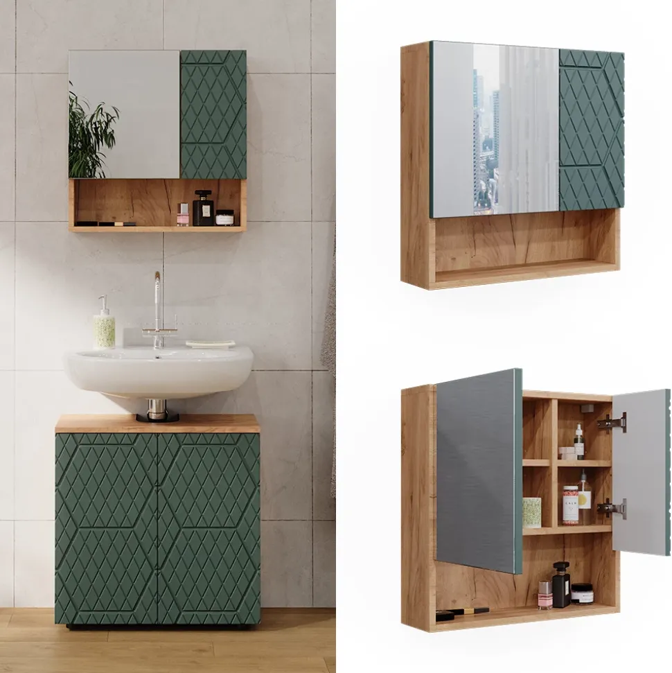 Badspiegelschrank Irma Grün/Goldkraft Eiche 54 x 55 cm Vicco