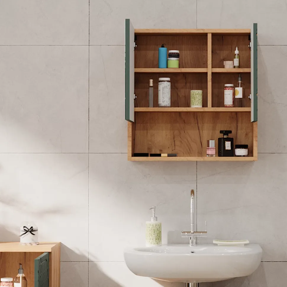 Badspiegelschrank Irma Grün/Goldkraft Eiche 54 x 55 cm Vicco