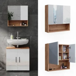 Badspiegelschrank Irma Weiß Hochglanz/Goldkraft Eiche 54 x 55 cm Vicco