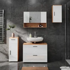 Badspiegelschrank Irma Weiß Hochglanz/Goldkraft Eiche 80.1 x 55 cm Vicco