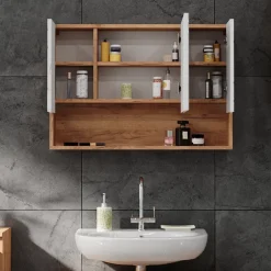 Badspiegelschrank Irma Weiß Hochglanz/Goldkraft Eiche 80.1 x 55 cm Vicco