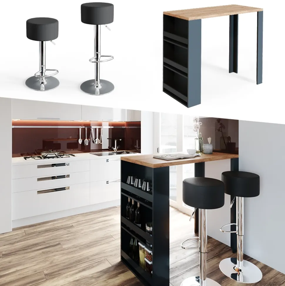 Bartisch-Set Eiche 57 x 117 cm mit 2 Barhockern Vicco