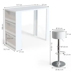 Bartisch-Set Weiß 57 x 117 cm mit 2 Barhockern Vicco