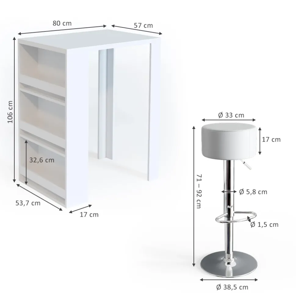 Bartisch-Set Weiß 57 x 80 cm mit 2 Barhockern Vicco