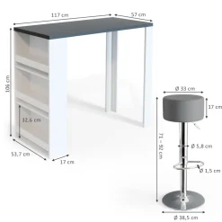 Bartisch-Set Weiß/Grau 57 x 117 cm mit 2 Barhockern Vicco