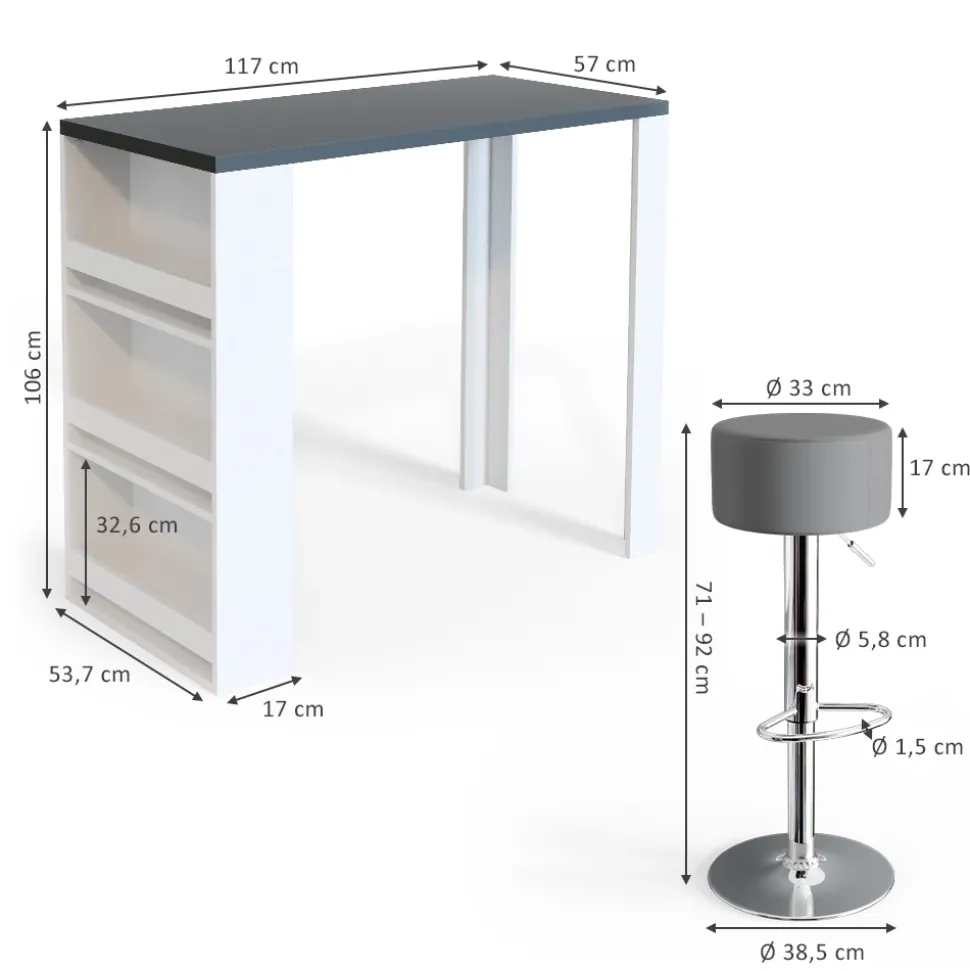 Bartisch-Set Weiß/Grau 57 x 117 cm mit 2 Barhockern Vicco