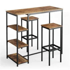 Bartisch-Set Fyrk Antikholz 120 x 50 cm mit Regalen und 2 Barhockern Vicco