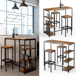 Bartisch-Set Fyrk Antikholz 120 x 50 cm mit Regalen und 2 Barhockern Vicco