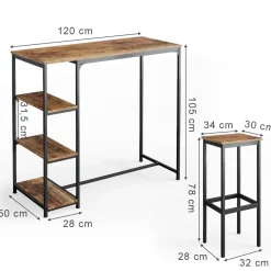Bartisch-Set Fyrk Antikholz 120 x 50 cm mit Regalen und 2 Barhockern Vicco
