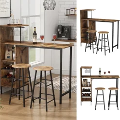 Bartisch-Set Fyrk Schwarz/Eiche rustikal 121.5 x 40 cm mit 2 Hocker Vicco