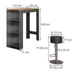 Bartisch-Set Repose Anthrazit/Goldkraft Eiche 45 x 110 cm mit 2 Barhockern Vicco