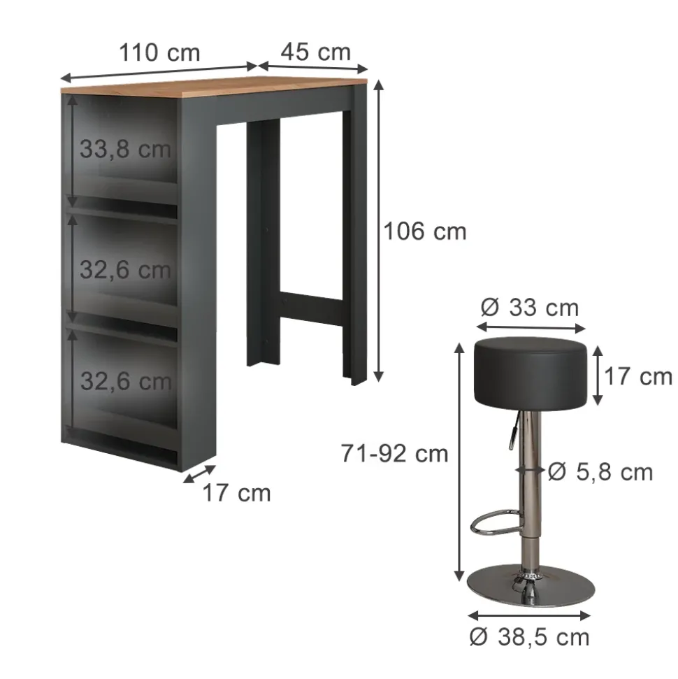 Bartisch-Set Repose Anthrazit/Goldkraft Eiche 45 x 110 cm mit 2 Barhockern Vicco
