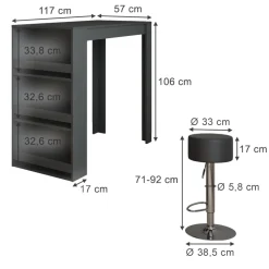 Bartisch-Set Repose Anthrazit 57 x 117 cm mit 2 Barhockern Vicco