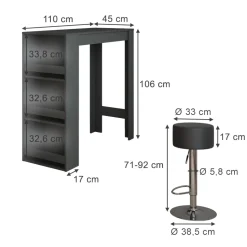 Bartisch-Set Repose Anthrazit 45 x 110 cm mit 2 Barhockern Vicco