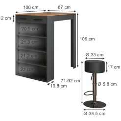 Bartisch-Set Repose Goldkraft Eiche/Anthrazit 67 x 100 cm mit 2 Barhockern Vicco