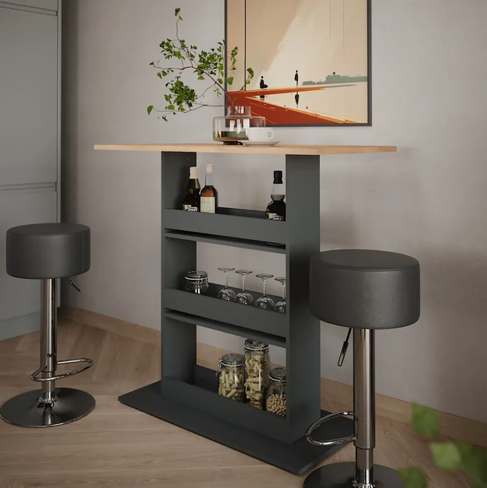 Bartisch-Set Repose Goldkraft Eiche/Anthrazit 110 x 55 cm mit 2 Barhockern Vicco