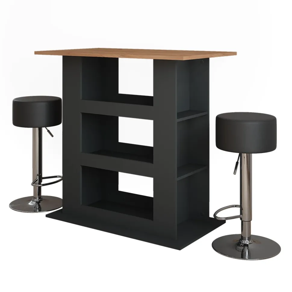 Bartisch-Set Repose Goldkraft Eiche/Anthrazit 110 x 65 cm mit 2 Barhockern Vicco