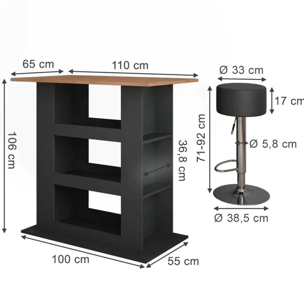 Bartisch-Set Repose Goldkraft Eiche/Anthrazit 110 x 65 cm mit 2 Barhockern Vicco