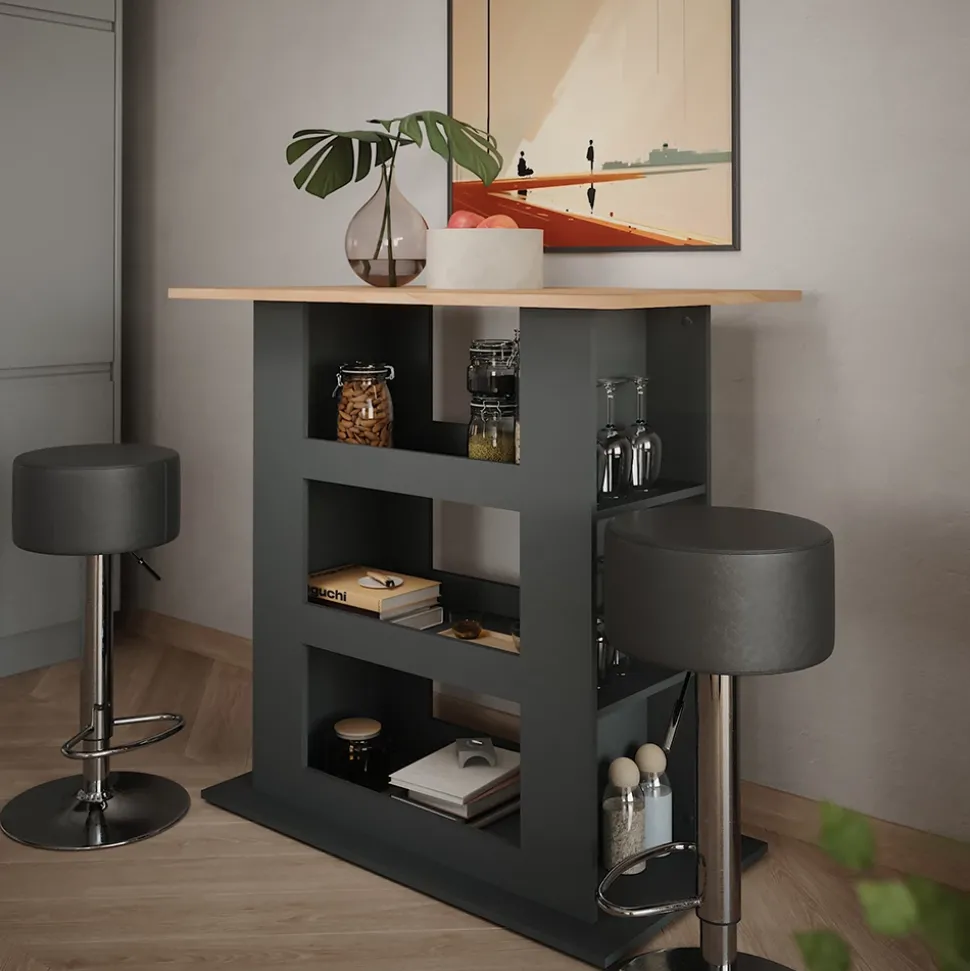 Bartisch-Set Repose Goldkraft Eiche/Anthrazit 110 x 65 cm mit 2 Barhockern Vicco