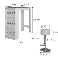 Bartisch-Set Repose Weiß/Anthrazit 45 x 110 cm mit 2 Barhockern Vicco