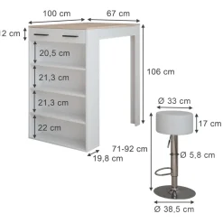 Bartisch-Set Repose Weiß/Sonoma 67 x 100 cm mit 2 Barhockern Vicco