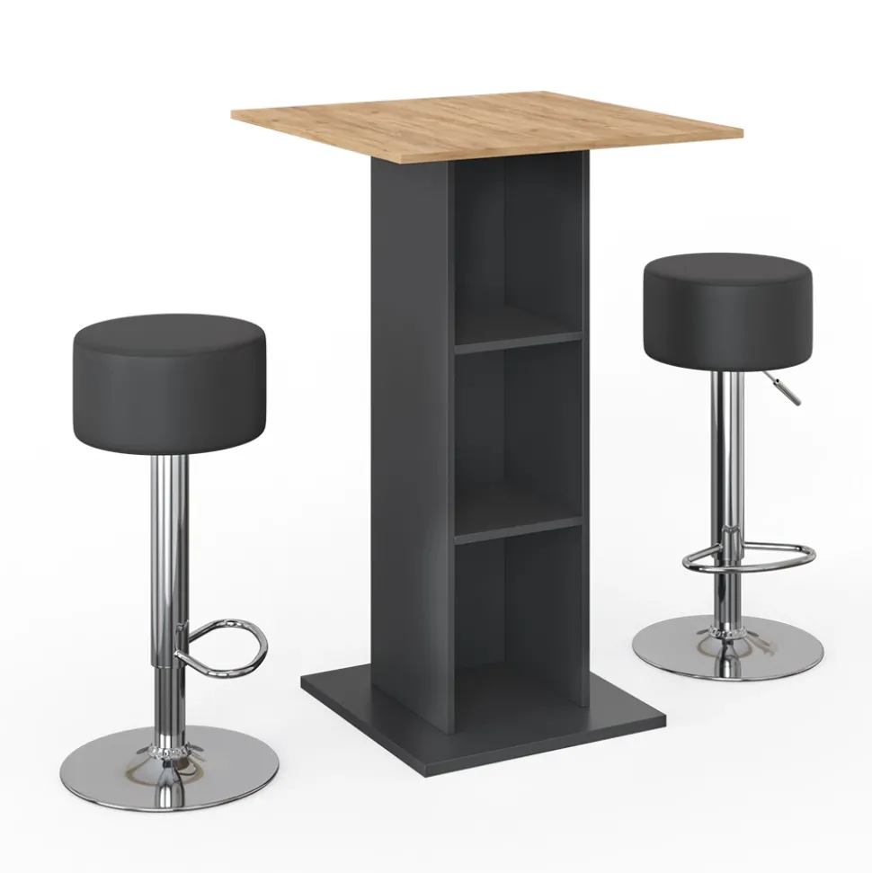 Bartisch-Set Rodeo Anthrazit 70 x 70 cm mit 2 Barhockern Vicco