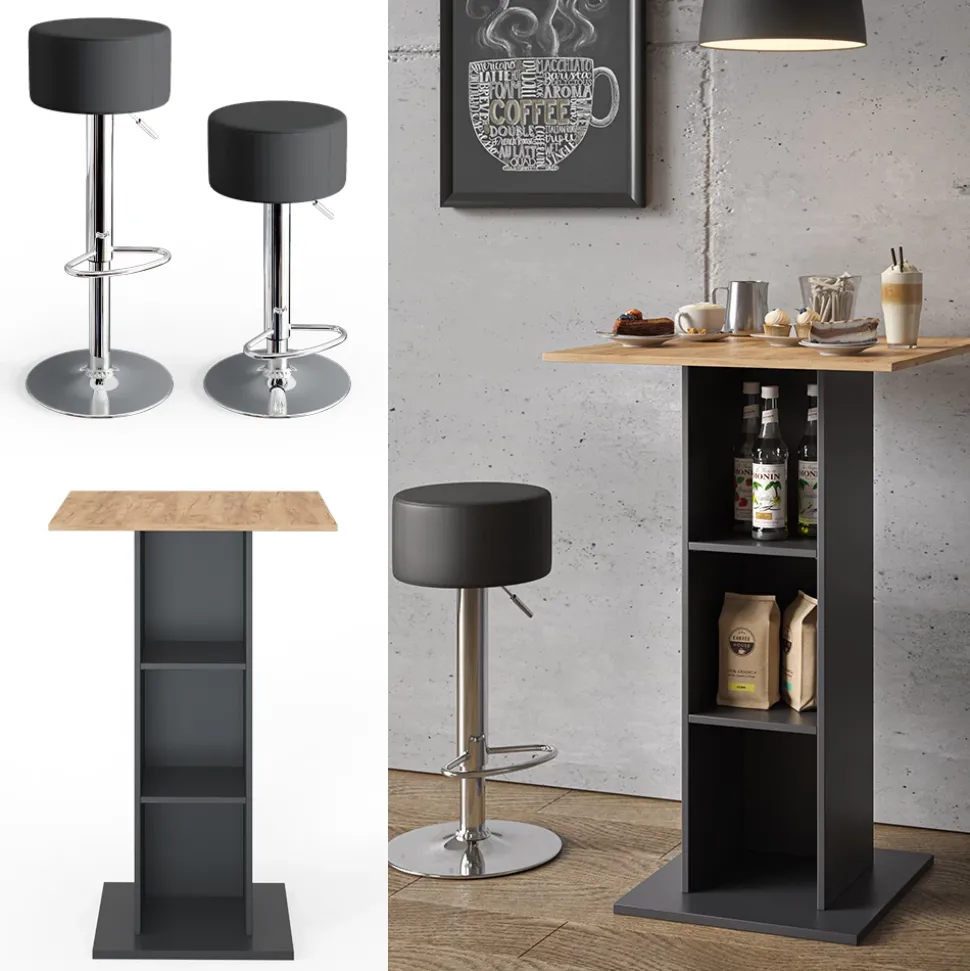 Bartisch-Set Rodeo Anthrazit 70 x 70 cm mit 2 Barhockern Vicco