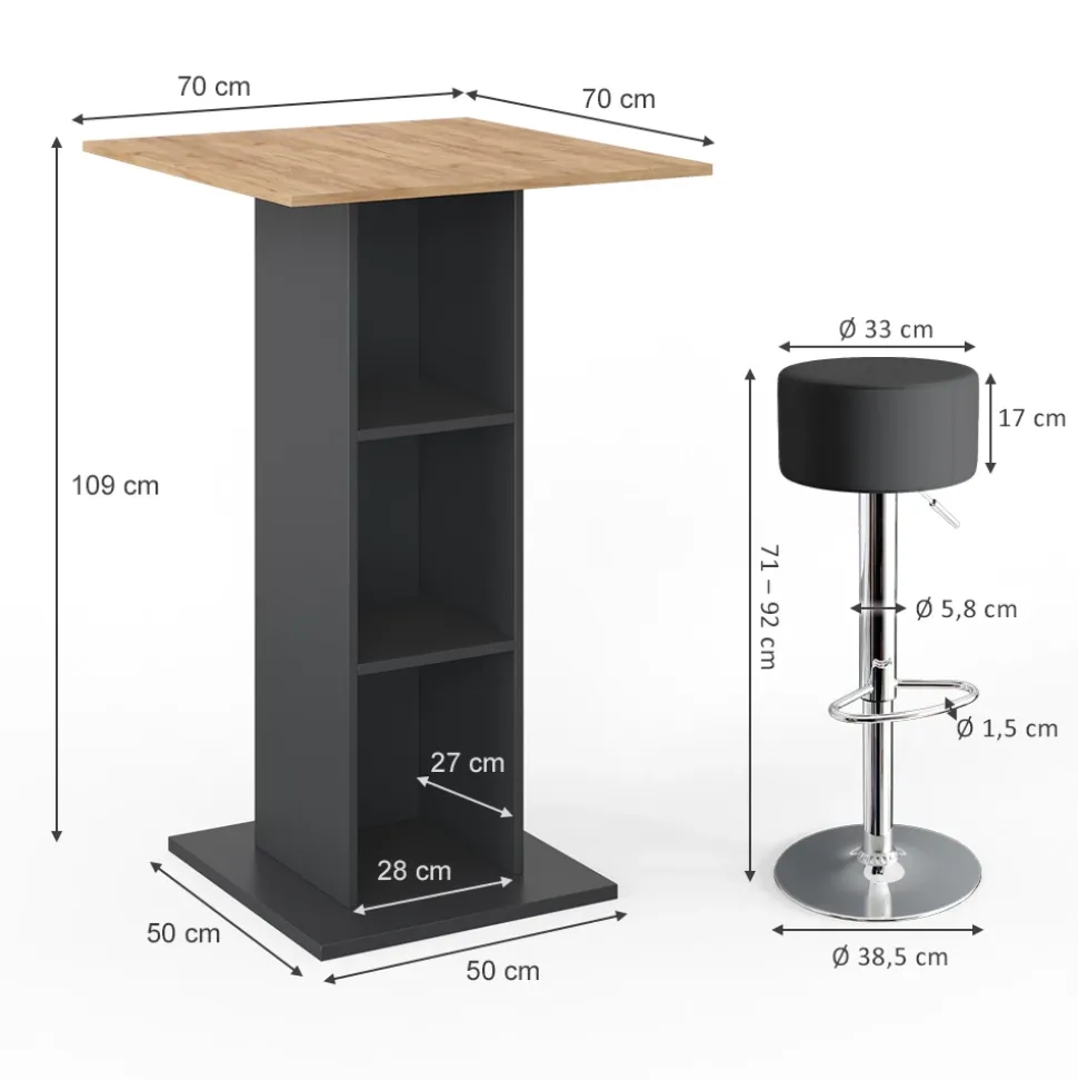 Bartisch-Set Rodeo Anthrazit 70 x 70 cm mit 2 Barhockern Vicco