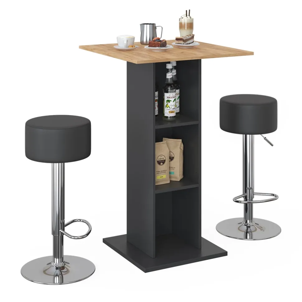 Bartisch-Set Rodeo Anthrazit 70 x 70 cm mit 2 Barhockern Vicco