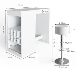Bartisch-Set Ross Weiß 115 x 50 cm mit 2 Barhockern Vicco