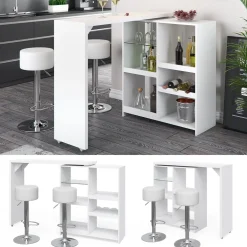 Bartisch-Set Vega Weiß 138 x 39 cm mit 2 Barhockern Vicco