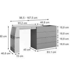 Basteltisch Iva Grau 95.5 x 80 cm ausklappbar, 4 Schubladen Vicco