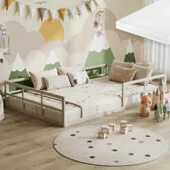 Bodenbett aus Metall Minno Greige 120x200 mit Matratze Vitalispa