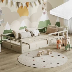 Bodenbett aus Metall Minno Greige 90x200 mit Matratze Vitalispa